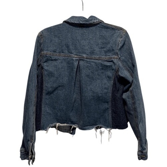Free People Cropped Denim Jacket Lace Inset Raw Hem Medium - Picture 9 of 12